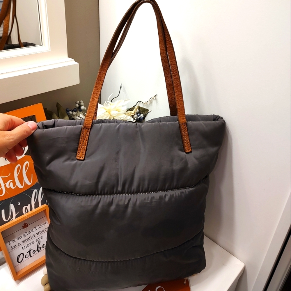 🤗 Vintage GUC UGG Brand Australia Puffer Tote w/Leather Handles, Charcoal/Tan